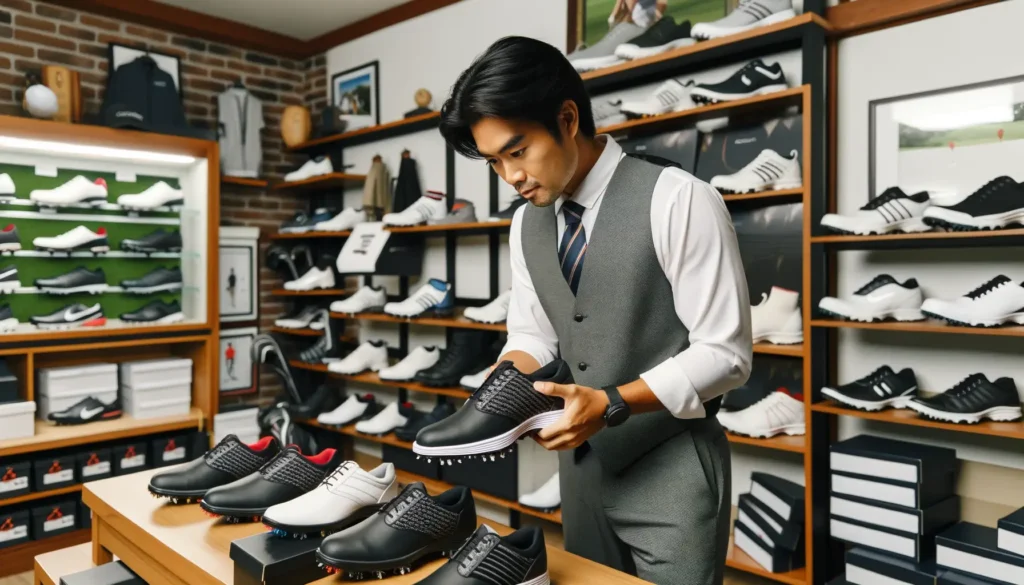 man choosing golf shoes for flat feet